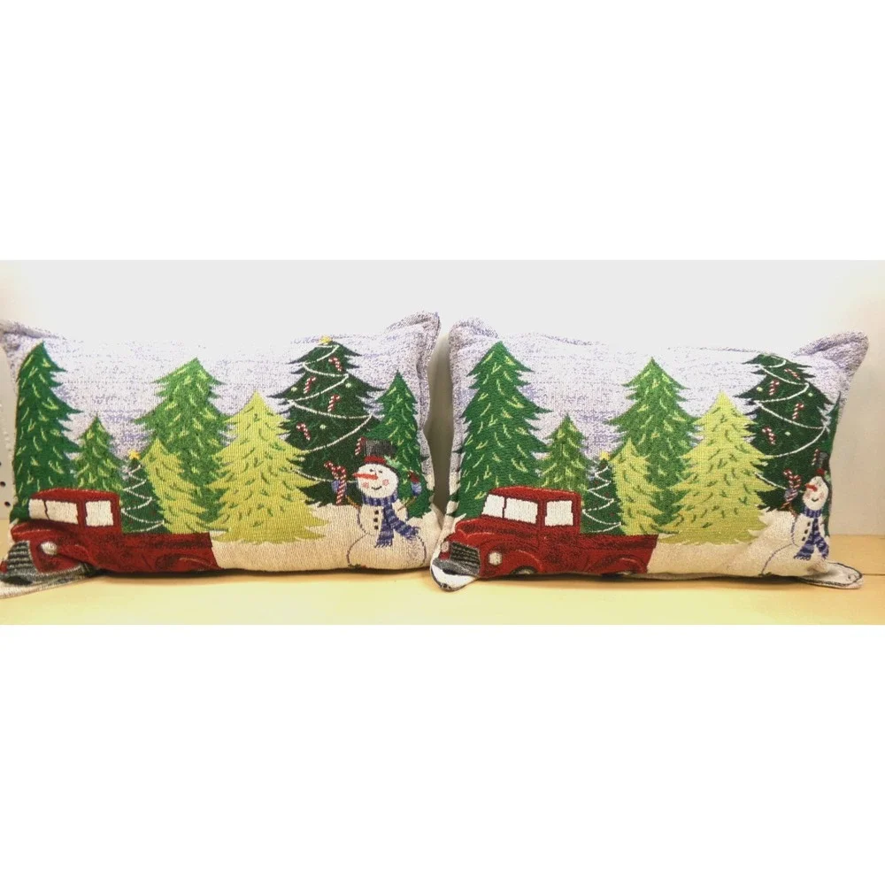 Christmas Holiday Tapestry Pillows 12 x 18 Snowman Pick Up Truck Christmas Trees